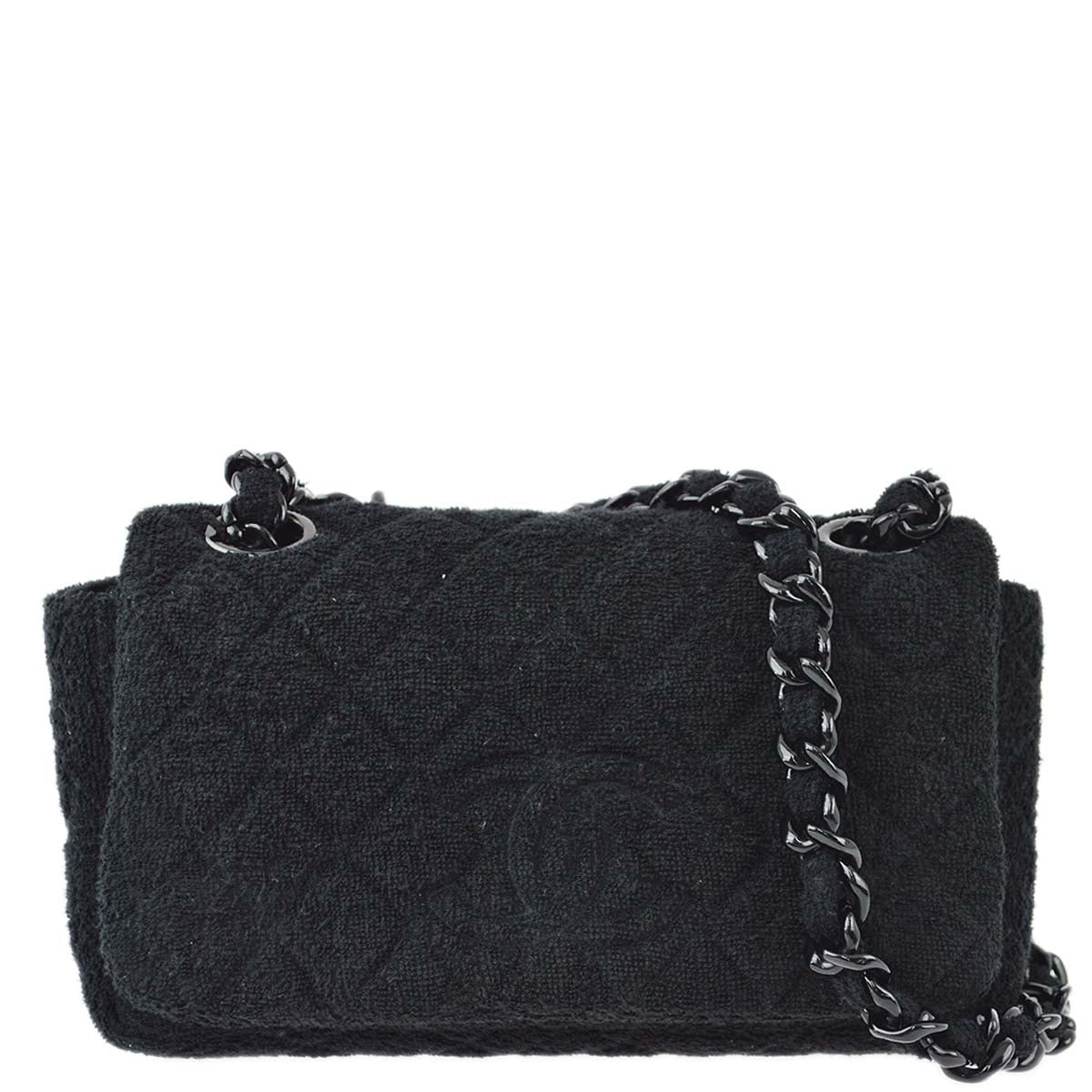 Chanel 2014-2015 Black Cotton Double Chain Flap Shoulder Bag