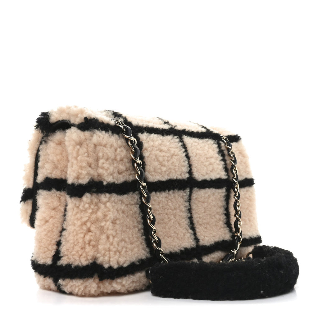 Chanel Shearling Lambskin Large Fluffy Tartan Single Flap Pink Black