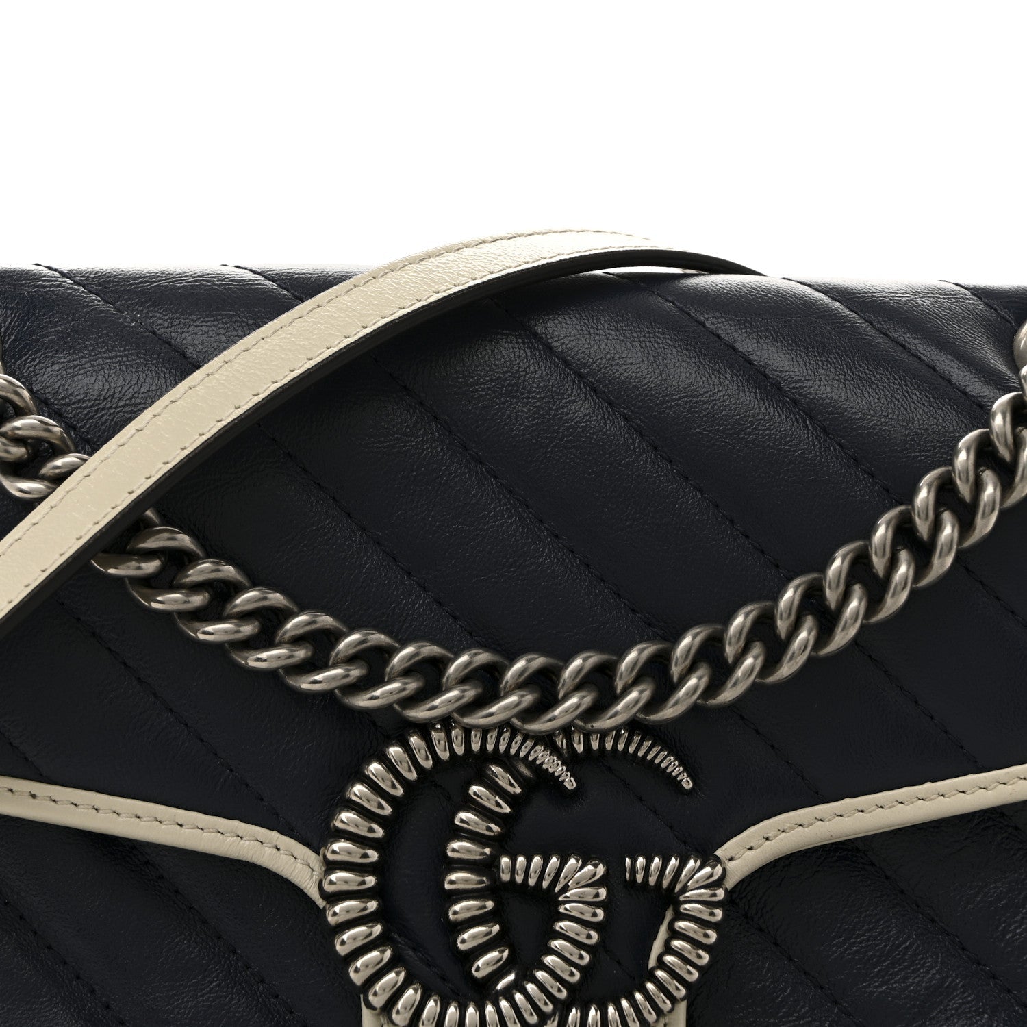 Gucci Vintage Effect Calfskin Matelasse Diagonal Small Torchon GG Marmont Shoulder Bag Blue Agata Mystic White