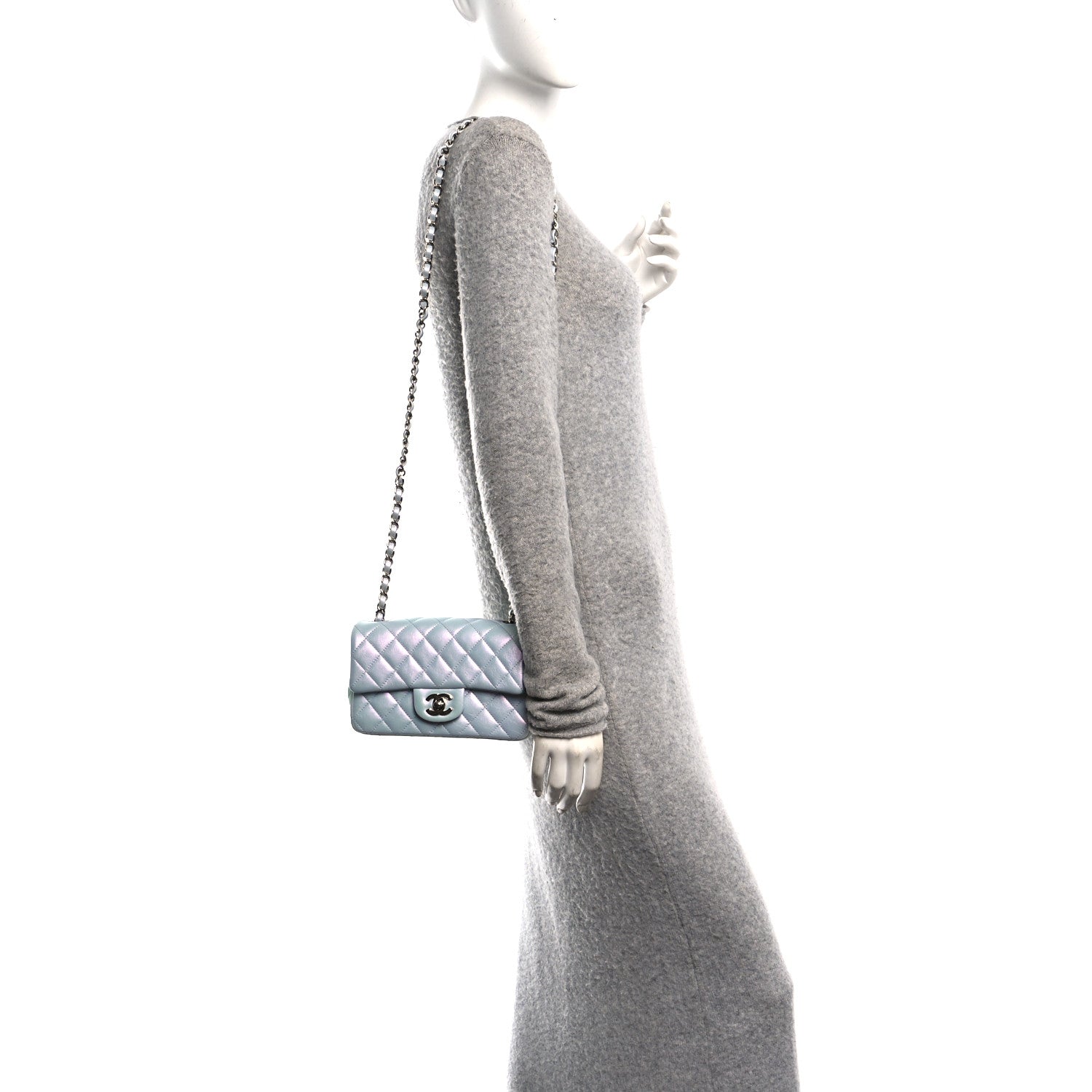 Chanel Iridescent Calfskin Quilted Mini Rectangular Flap Light Blue