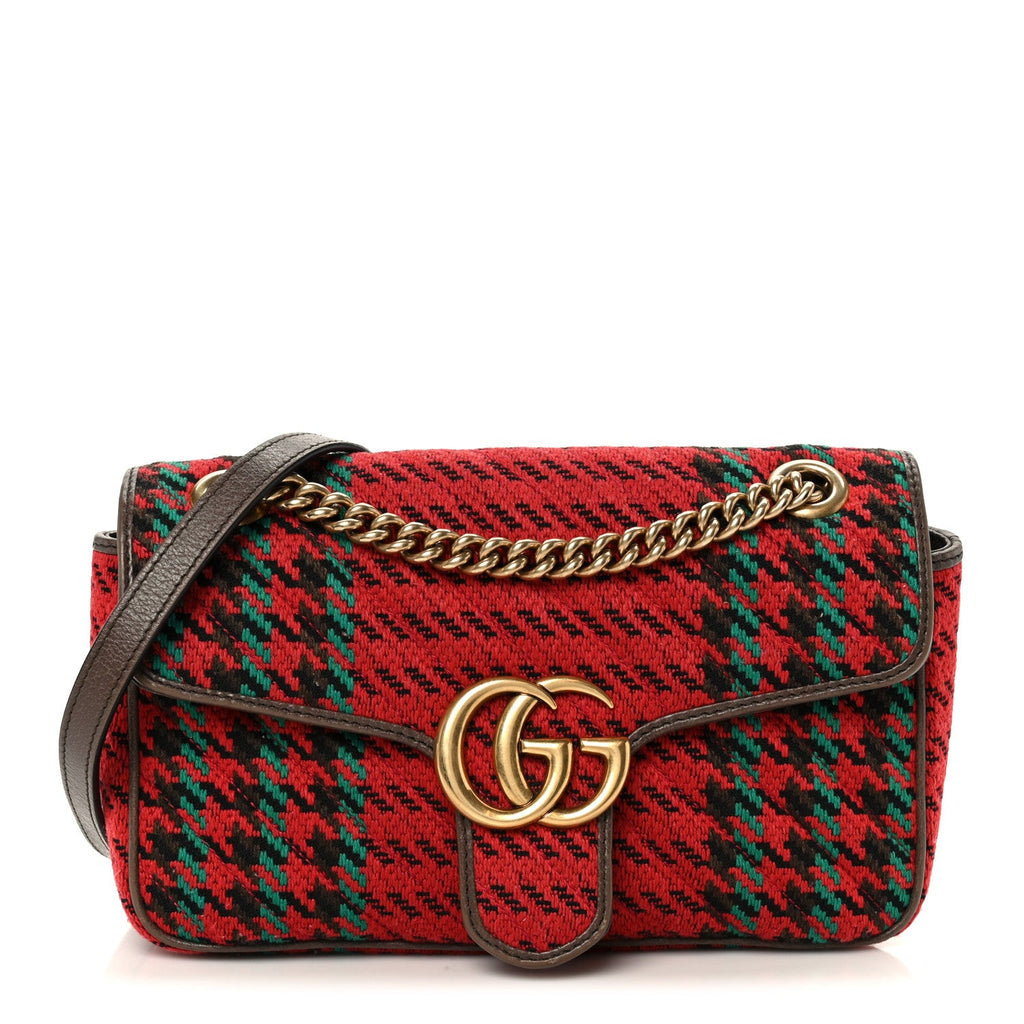 Gucci Wool Tweed Textured Dollar Calfskin Matelasse Diagonal Plaid Small GG Marmont Shoulder Bag Red Green Multicolor New Acero
