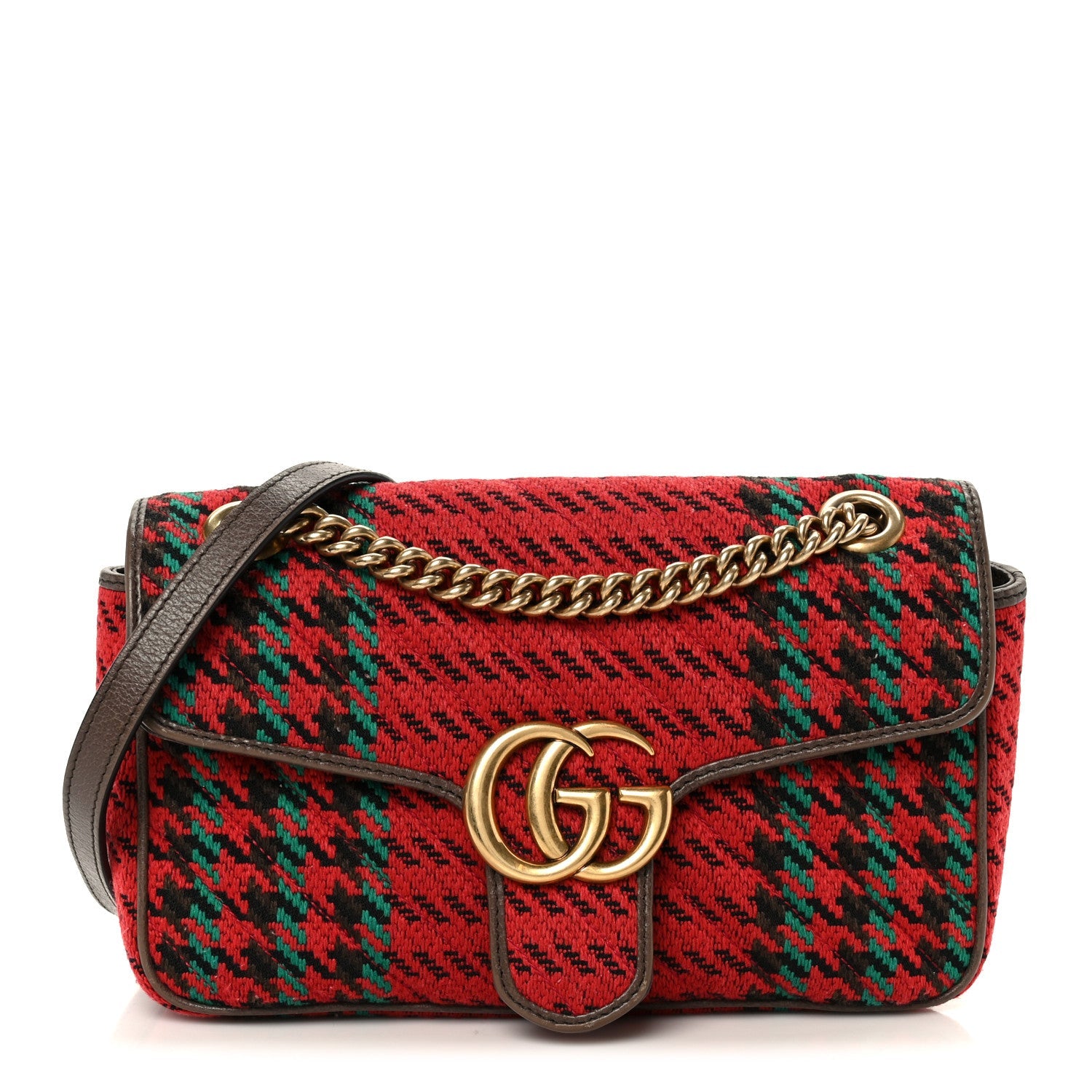 Gucci Wool Tweed Textured Dollar Calfskin Matelasse Diagonal Plaid Small GG Marmont Shoulder Bag Red Green Multicolor New Acero