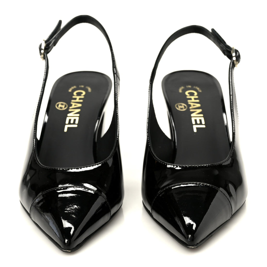 Patent Calfskin Cap Toe CC Slingback Pumps 36 Black