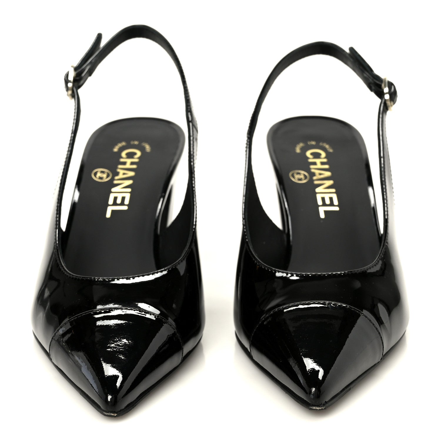 Patent Calfskin Cap Toe CC Slingback Pumps 36 Black