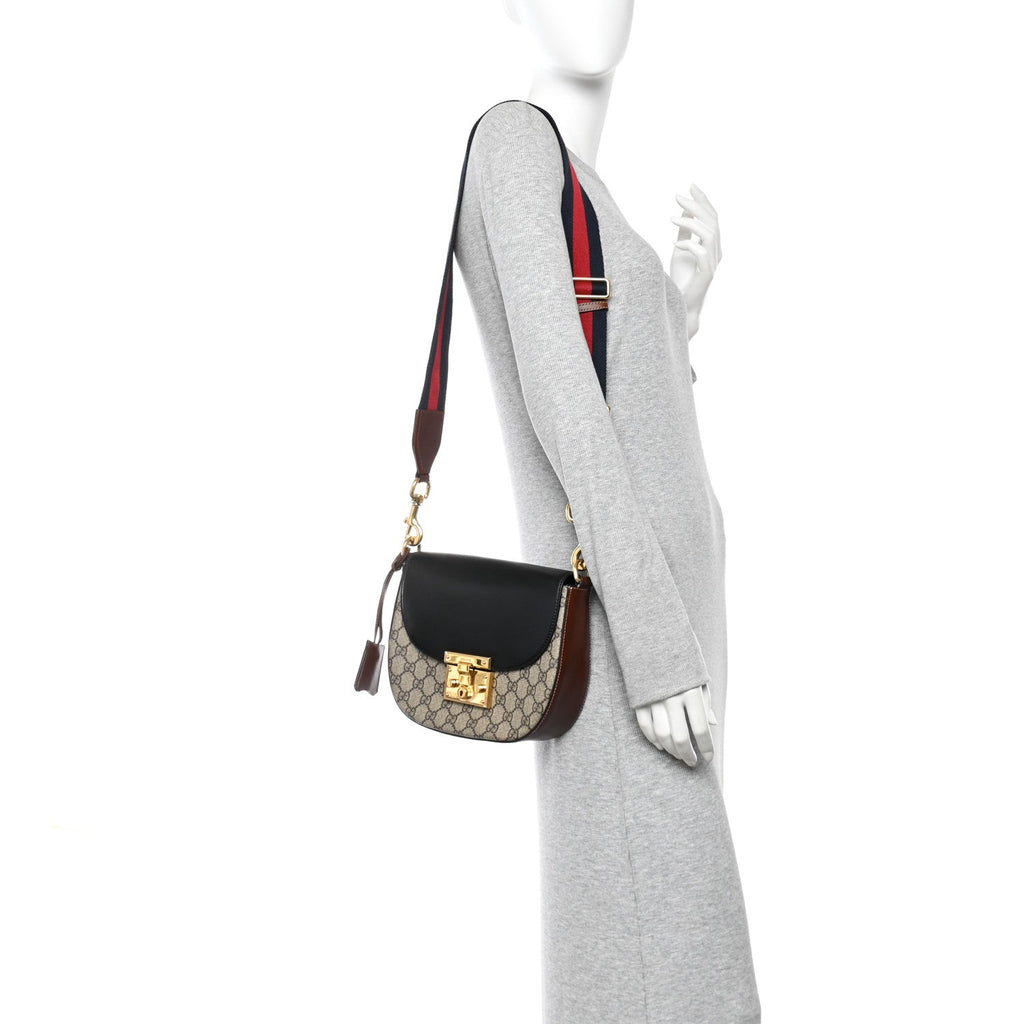 Gucci GG Supreme Monogram Web Medium Padlock Messenger Shoulder Bag Black
