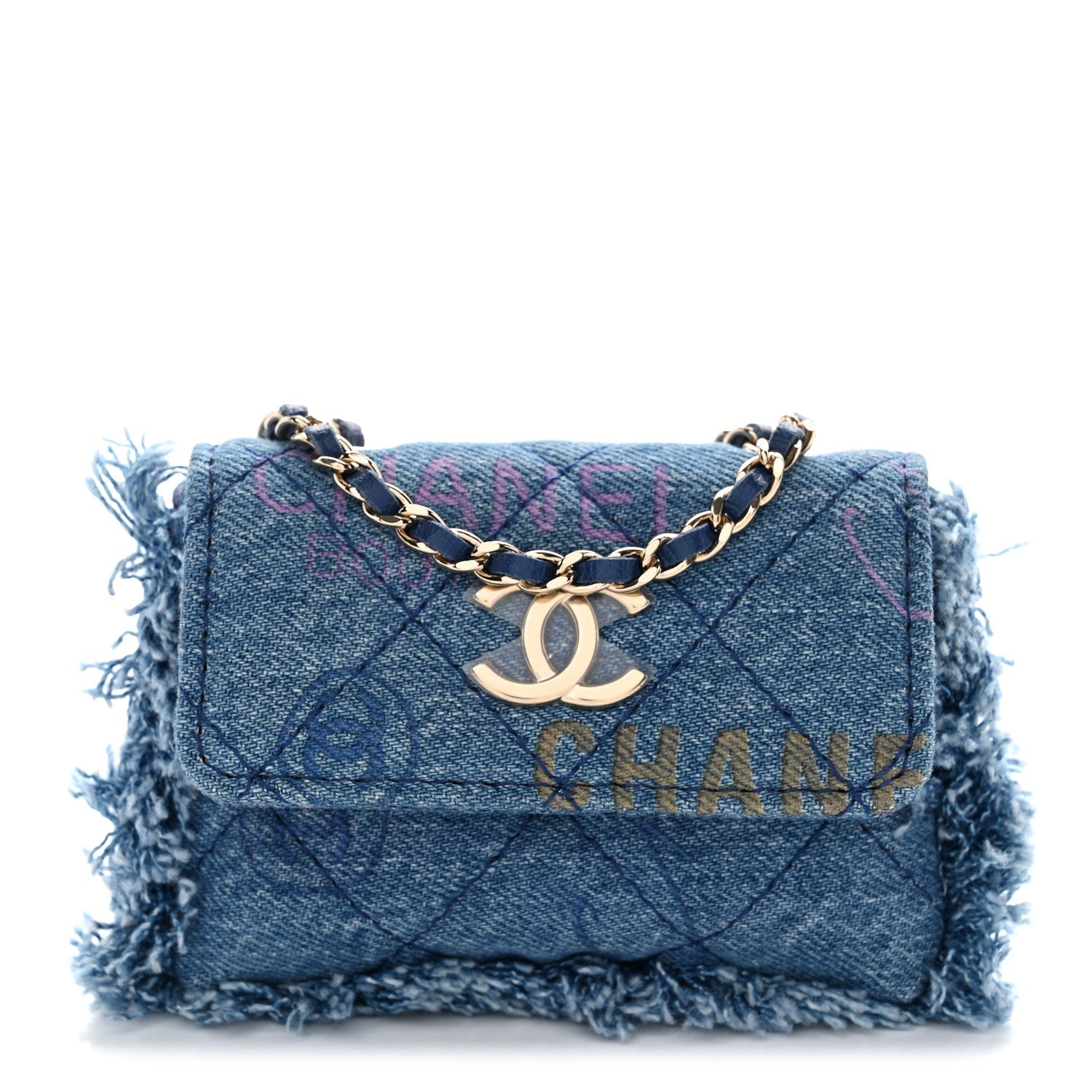Chanel Denim Quilted Denim Mood Clutch With Chain Blue Multicolor