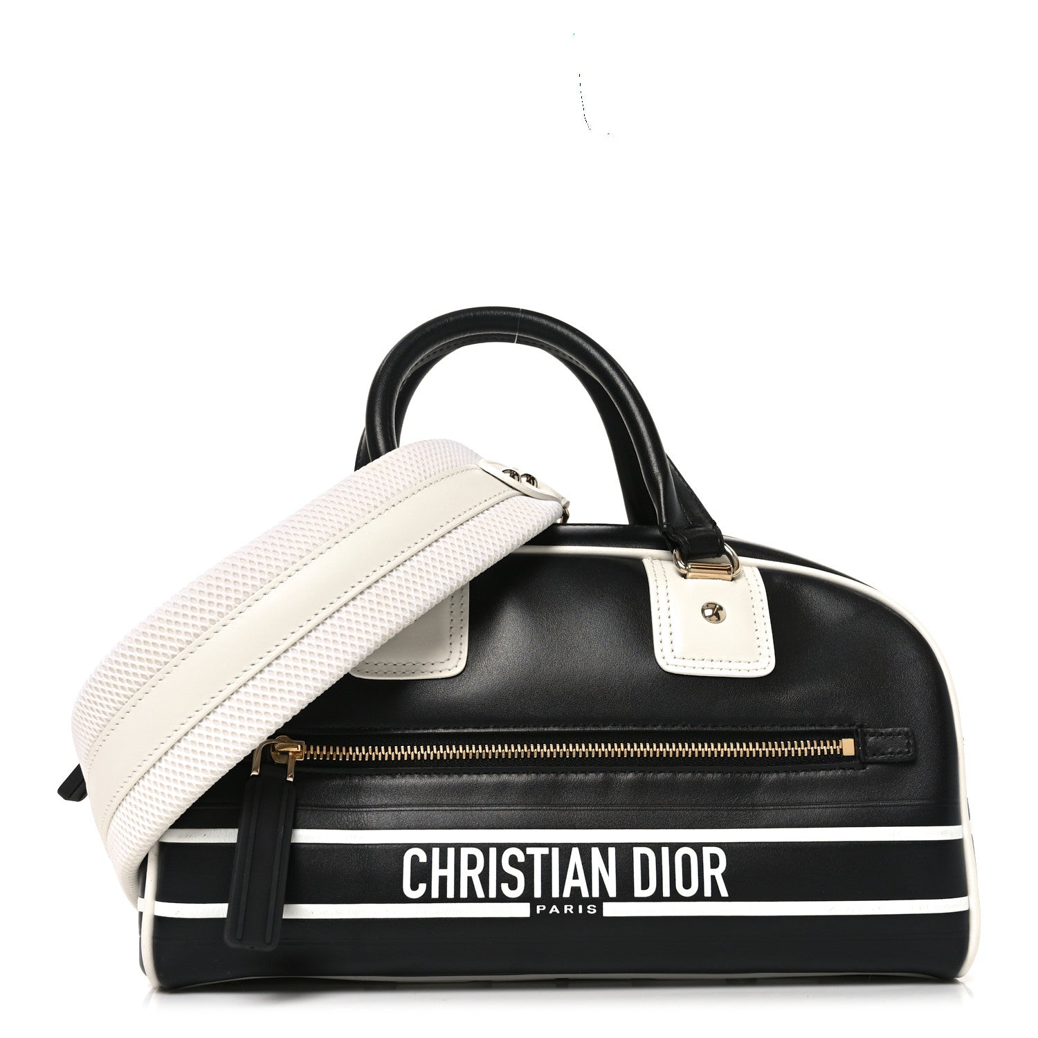 Christian Dior Calfskin Small Dior Vibe Zip Bowling Bag Black White