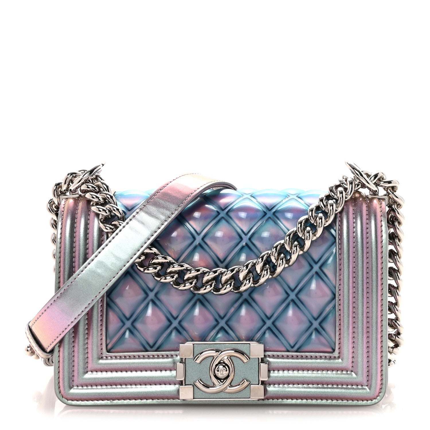 Chanel Iridescent Patent Calfskin PVC Quilted Small Boy Flap Light Purple