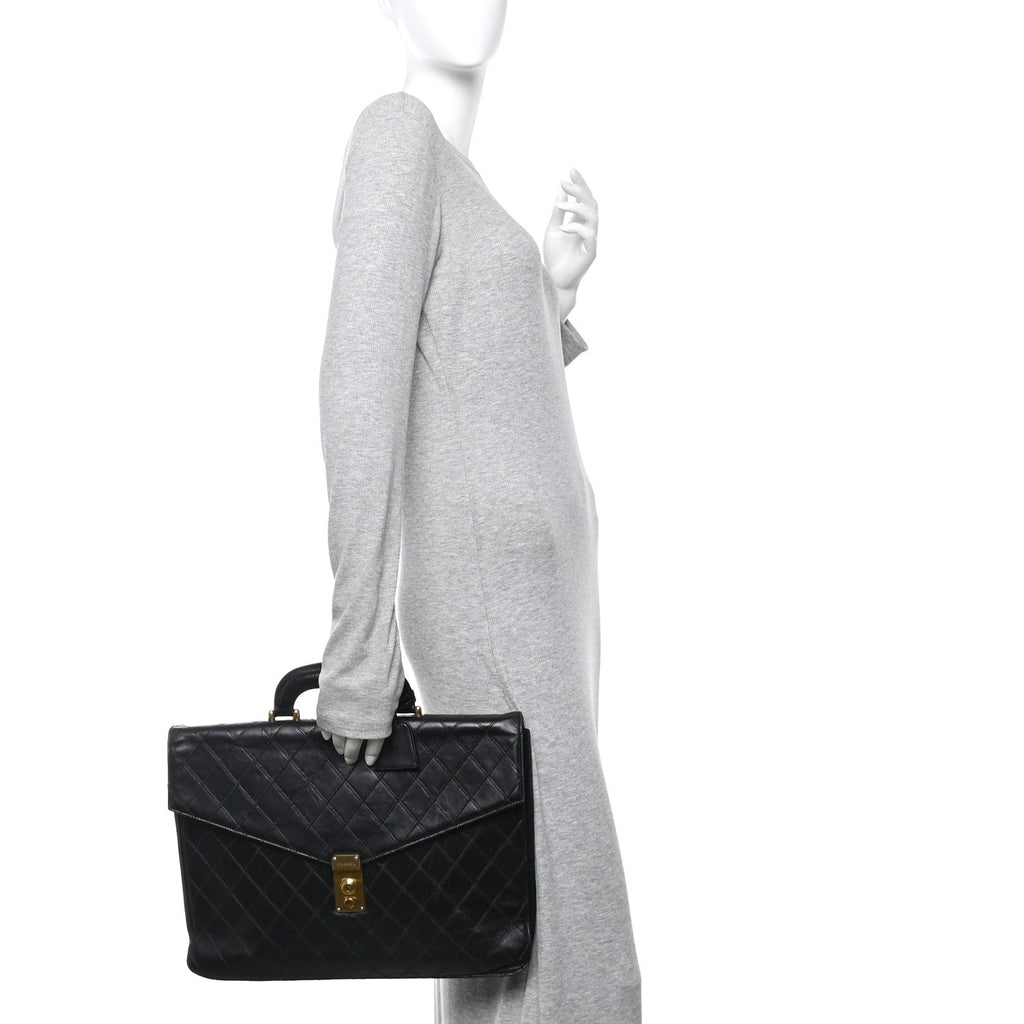 Chanel Lambskin Stitched Briefcase Bag Black