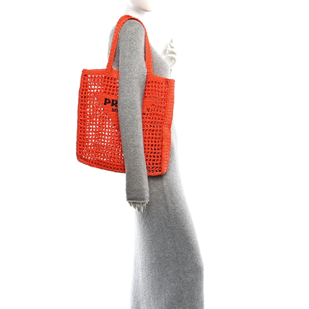 Prada Yarn Raffia Effect Crochet Logo Embroidered Tote Bag Arancio