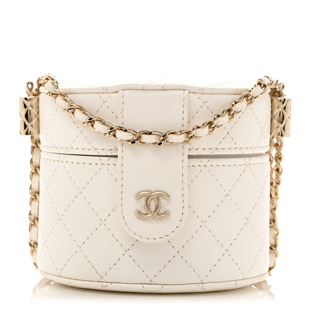 Chanel Lambskin Quilted Round Mini Vanity Case With Chain White