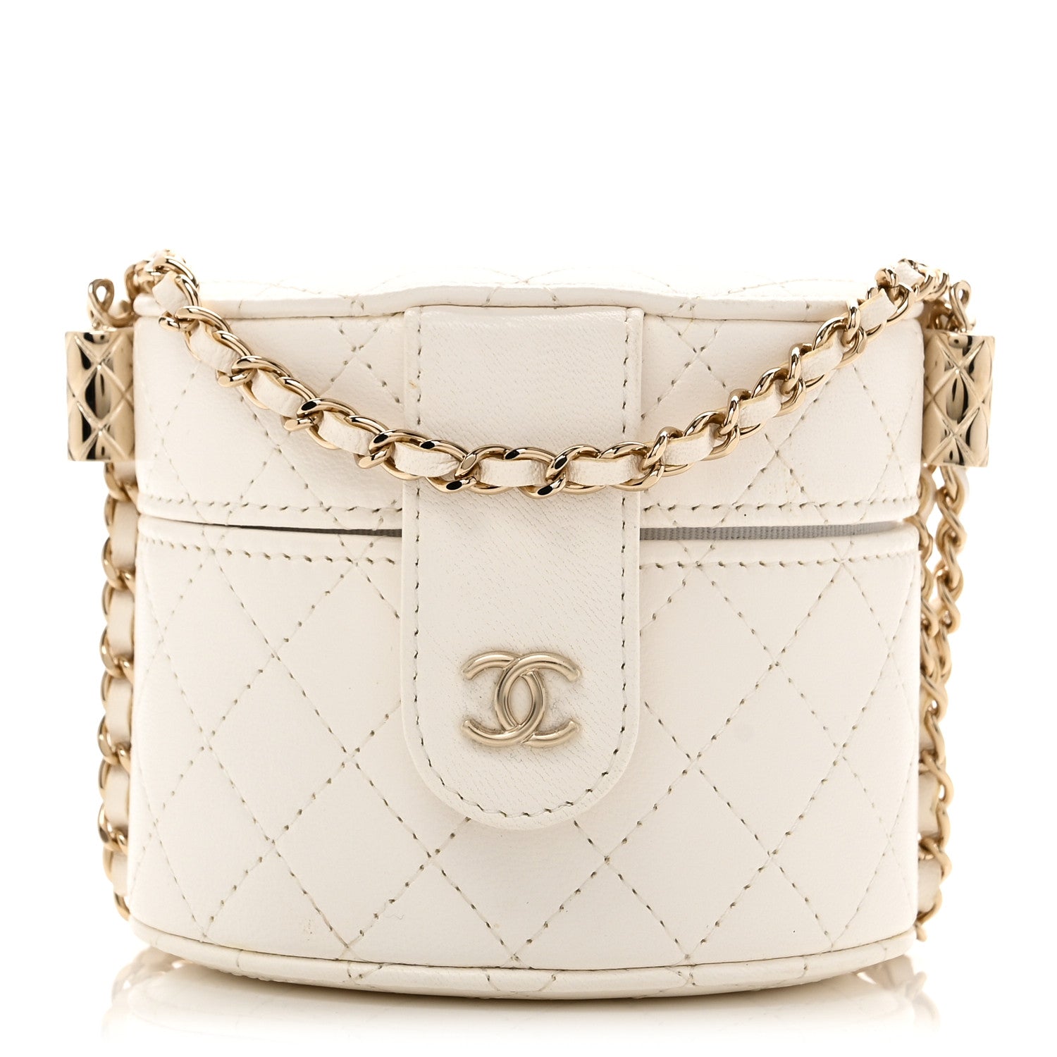 Chanel Lambskin Quilted Round Mini Vanity Case With Chain White