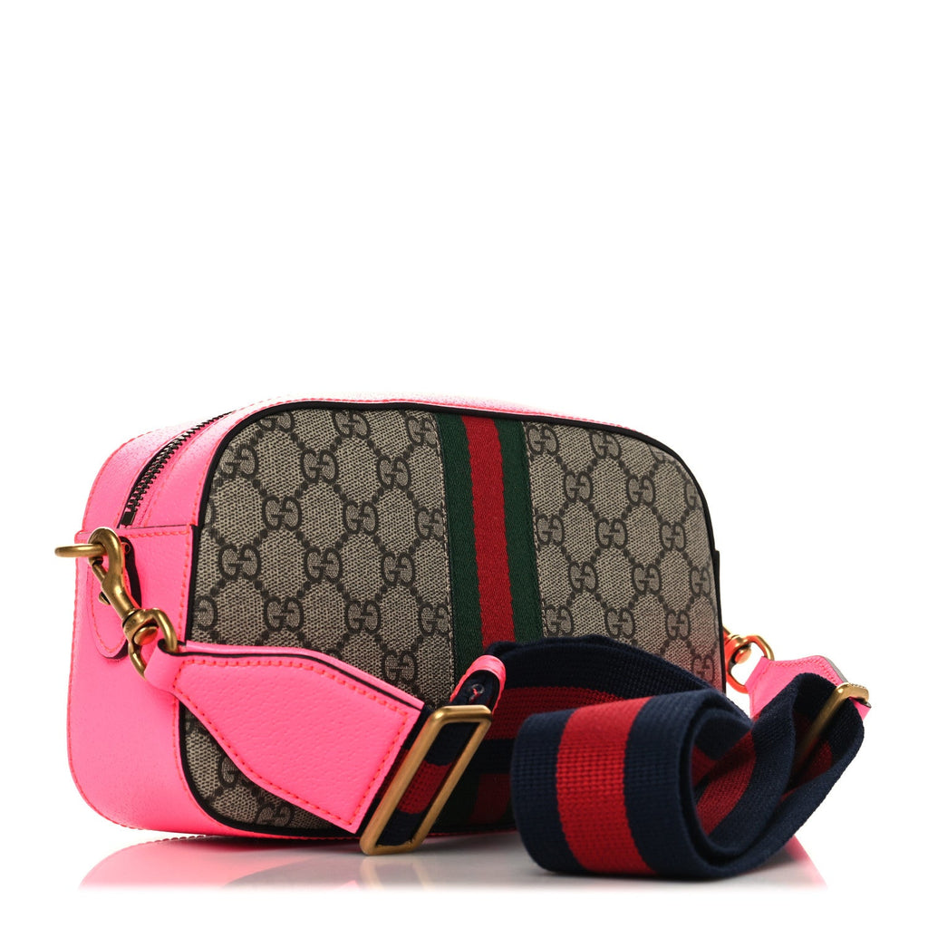 Gucci GG Supreme Monogram Textured Dollar Calfskin Web Ophidia Small Crossbody Bag Beige Ebony Fuchsia