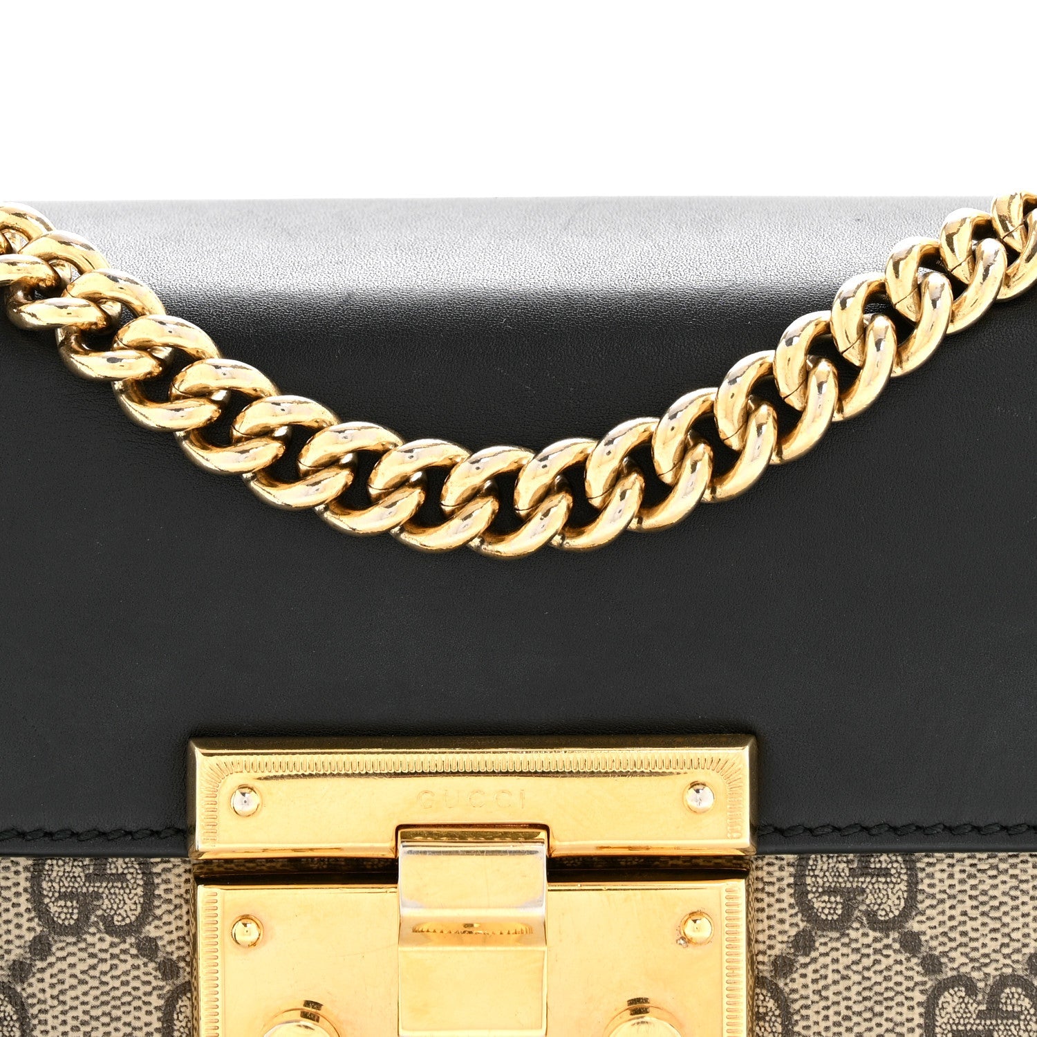Gucci GG Supreme Monogram Calfskin Small Padlock Shoulder Bag Beige Black Cuir