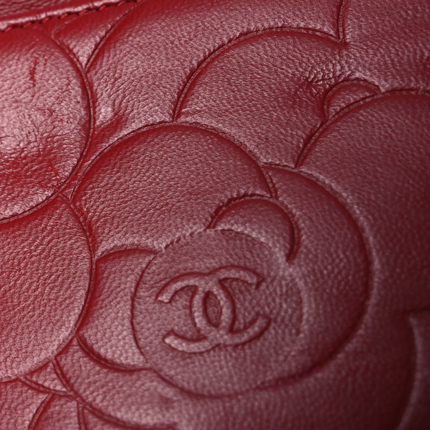 Chanel Lambskin Camellia Embossed Wallet on Chain WOC Red