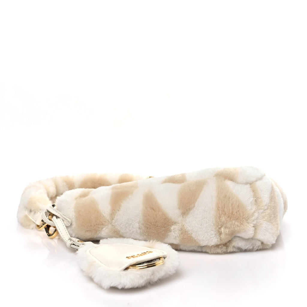 Prada Shearling Symbole Mini Triangle Bag Ecru White