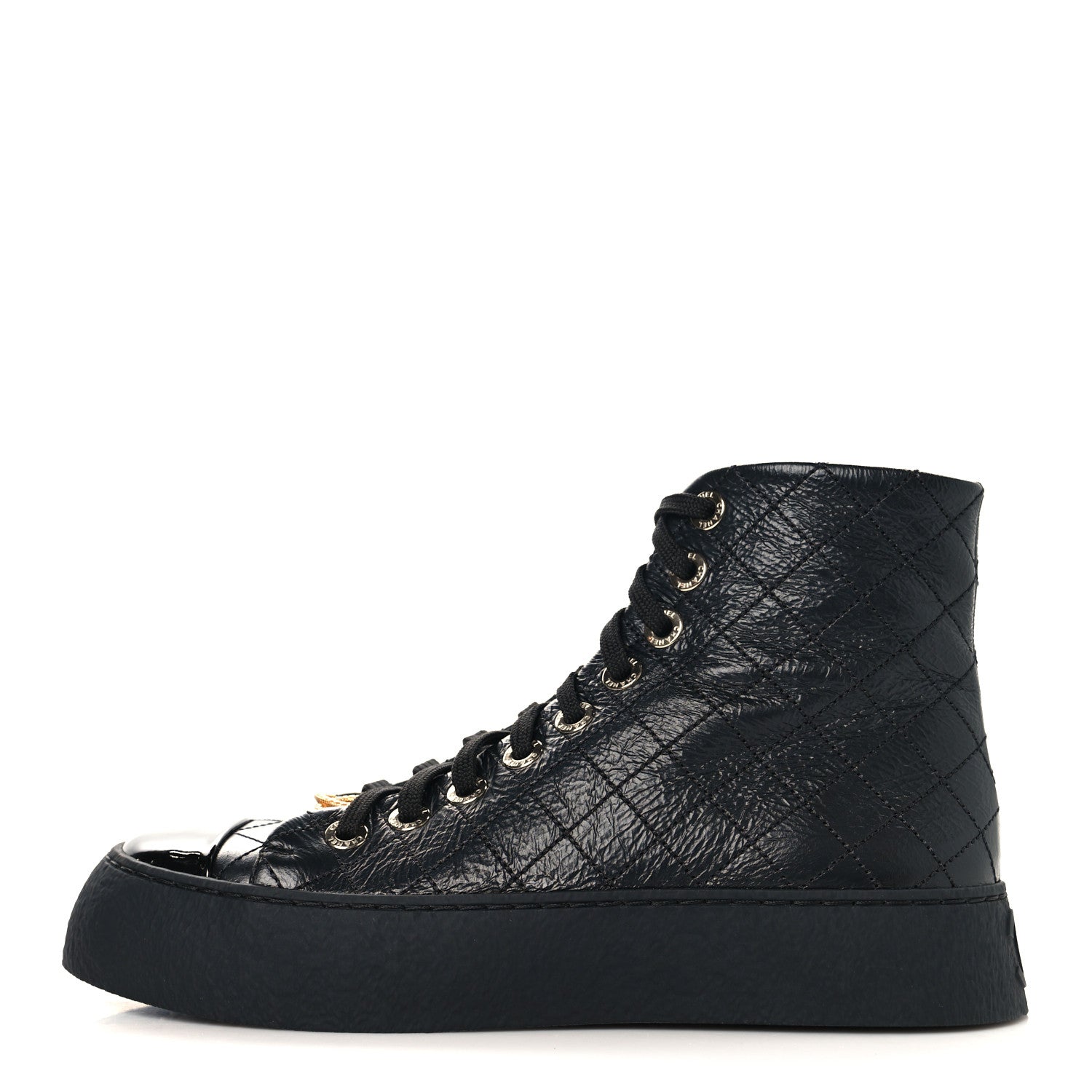 Crumpled Lambskin Patent Cap Toe CC Stitched High Top Sneakers 37.5 Black