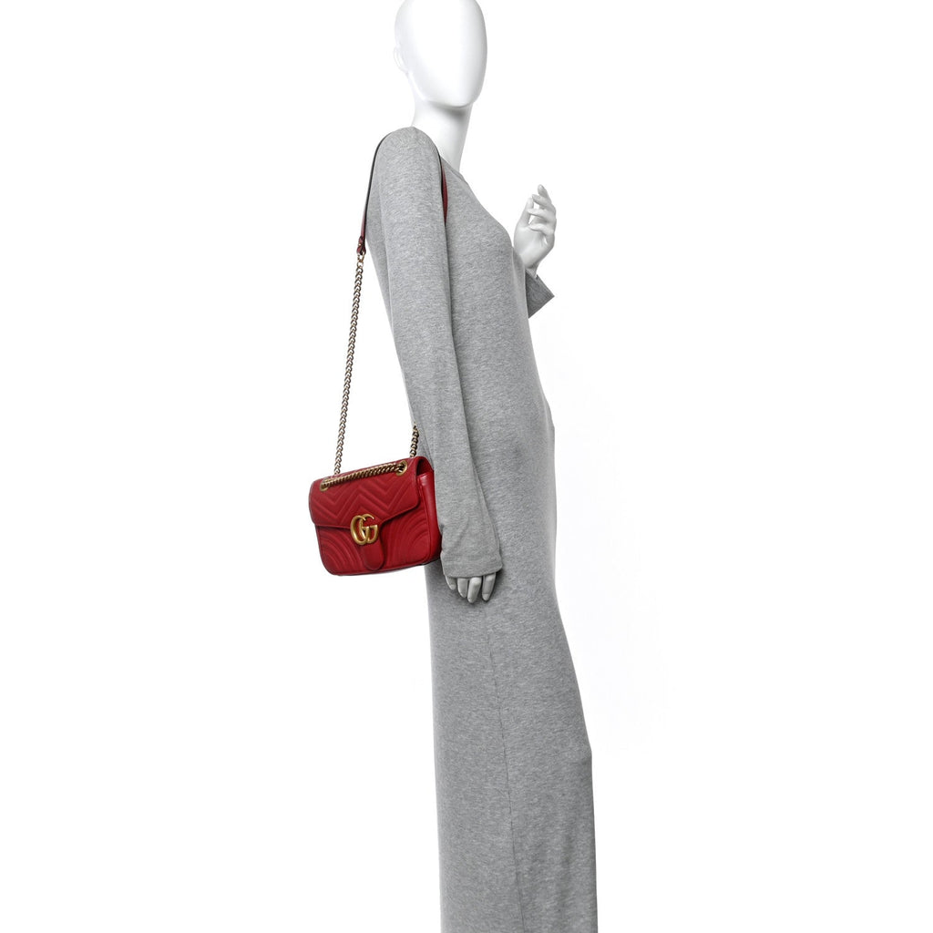 Gucci Calfskin Matelasse Small GG Marmont Shoulder Bag Hibiscus Red