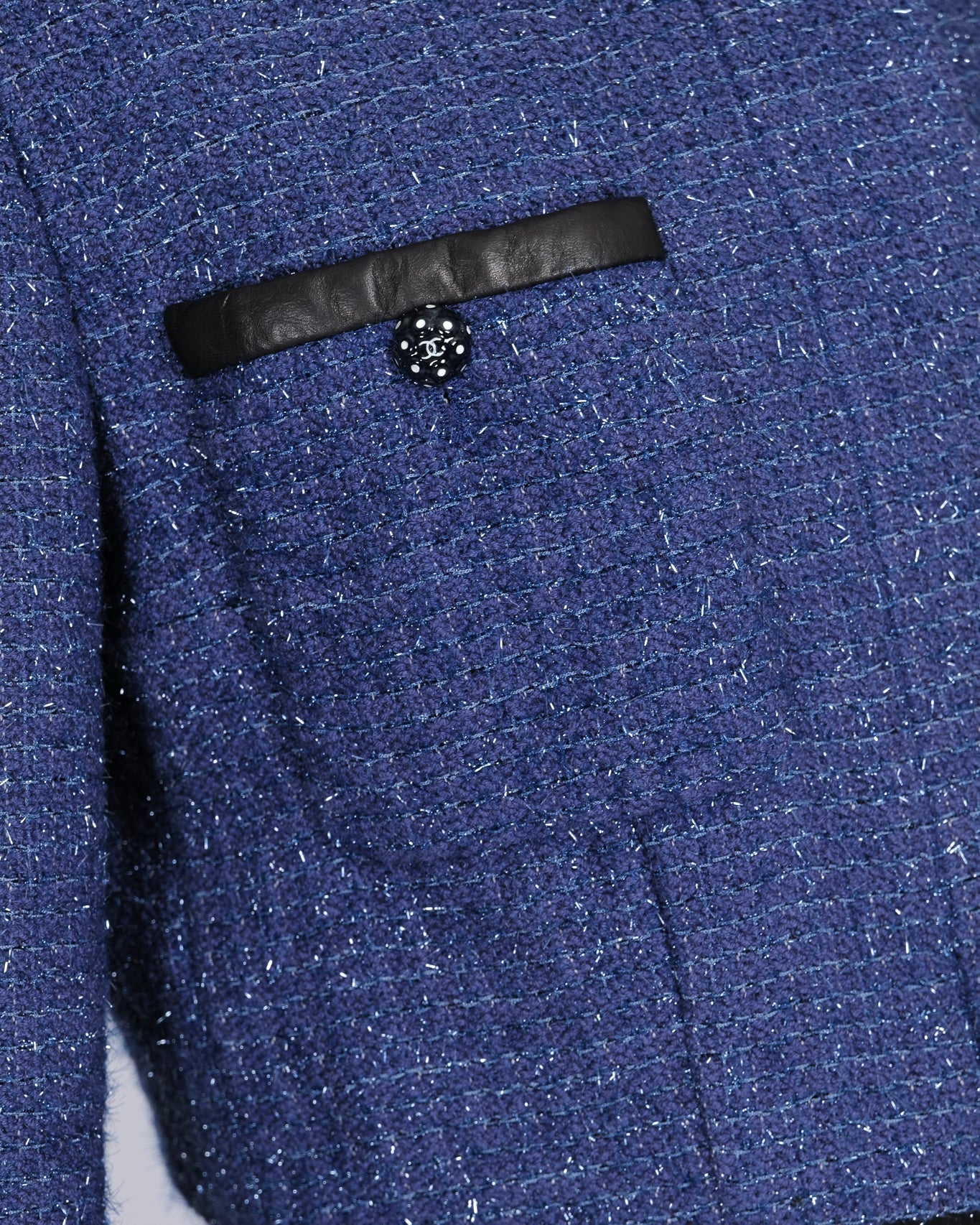 Chanel Cruise 2019 Blue Tweed Cropped Jacket and Trousers Set with CC Logo Buttons and Black Leather Trims Size FR 36/38 (UK 8/10)
