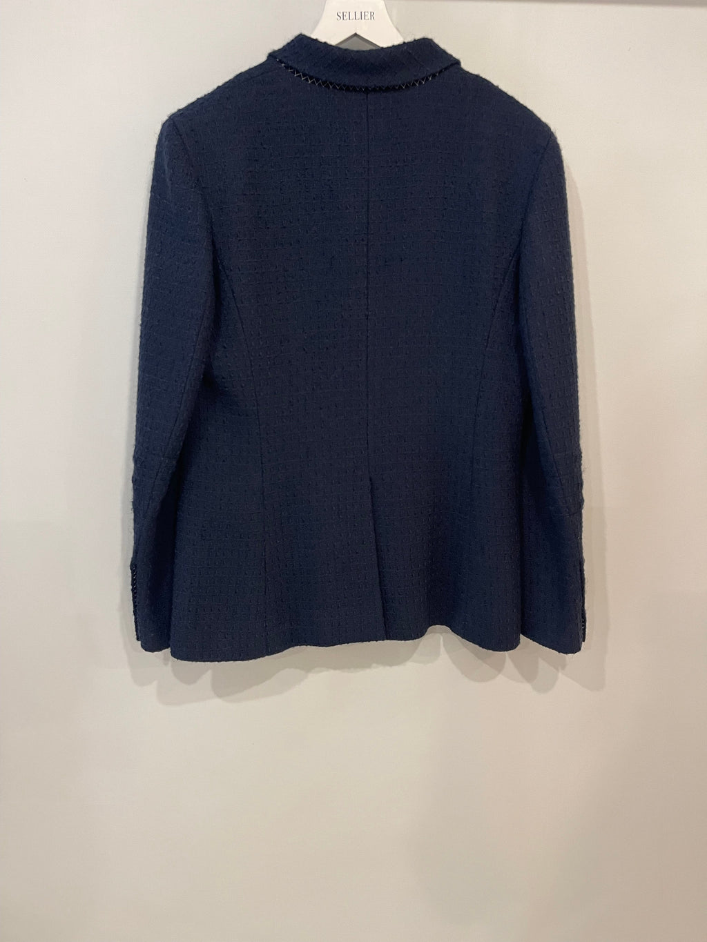 Chanel 08A Navy Tweed Jacket and Midi Skirt Set with Silver CC Logo Details Size FR 42 (UK 14)