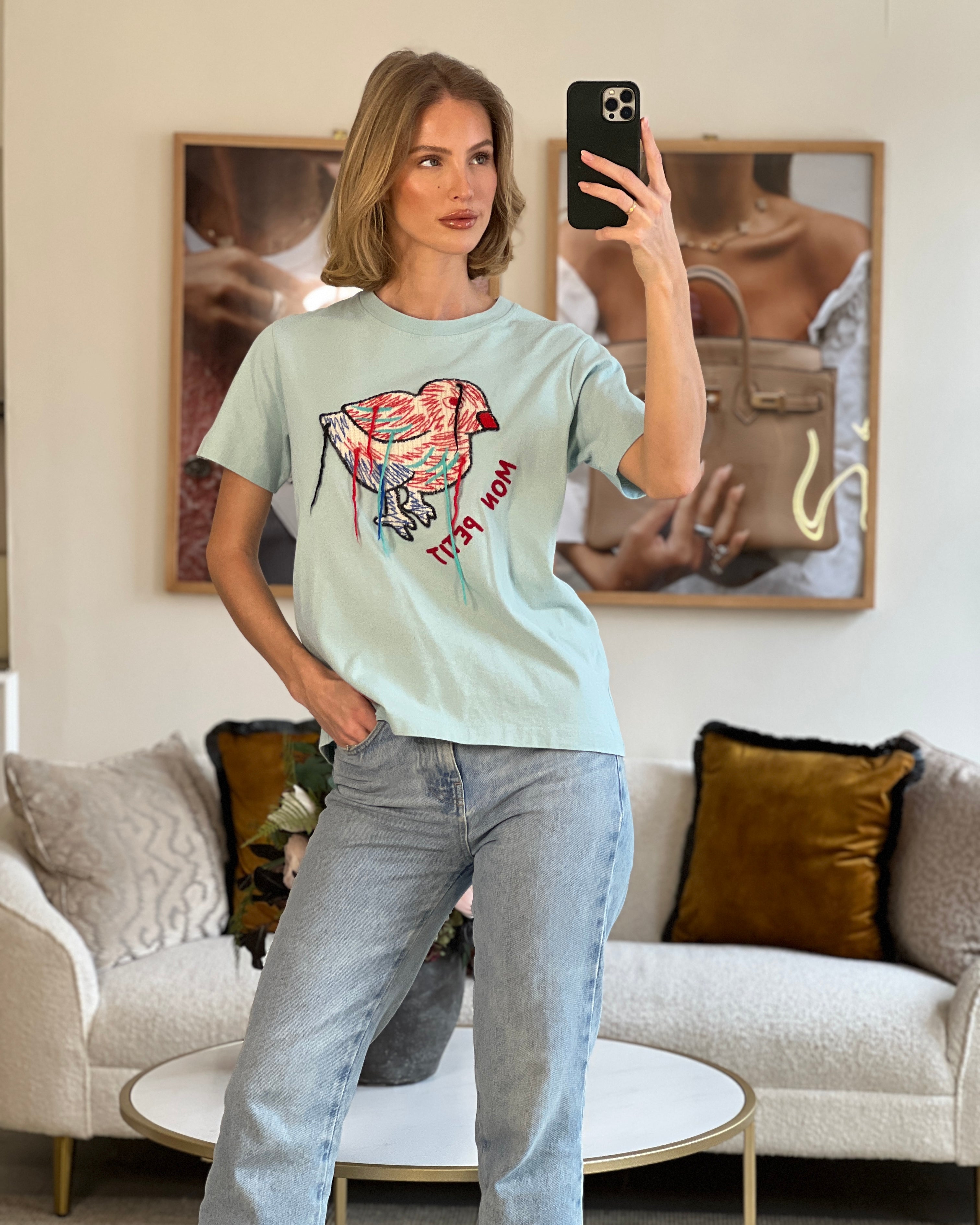 Gucci Baby Blue Cotton T Shirt with Embroidered Bird Size S (UK 8)