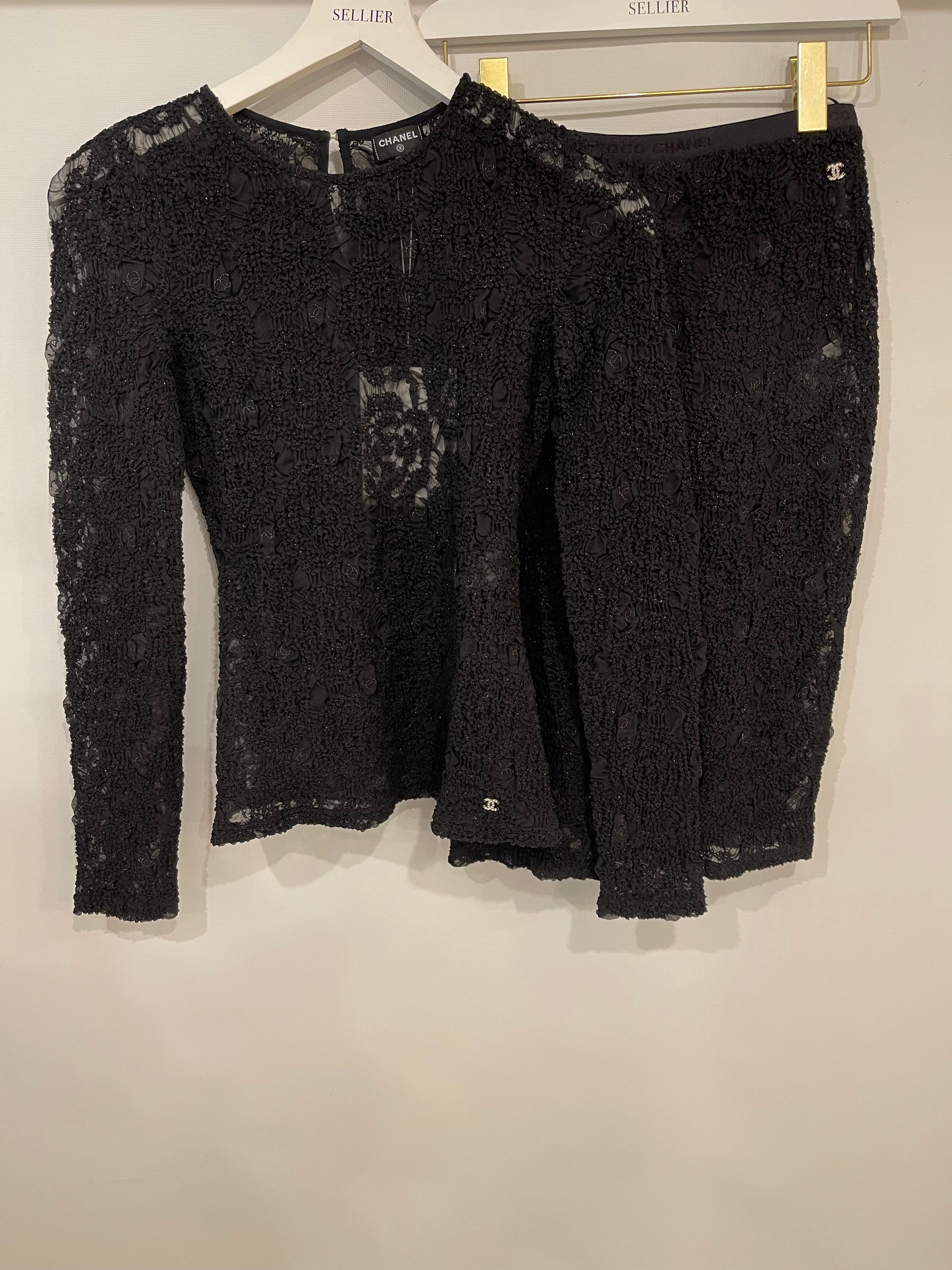 Chanel Black Lace Tulle Top and Cyclist Shorts Set with Camellia Details and Crystal CC Logos Size FR 34 (UK 6)
