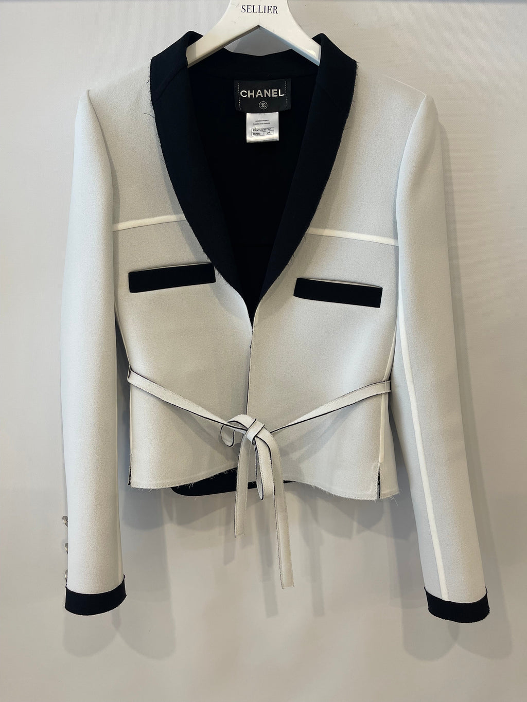 Chanel 14S Pale Grey and Black Trim Jacket with Belt and CC Button Details Size FR 34 (UK 6) RRP £3,250