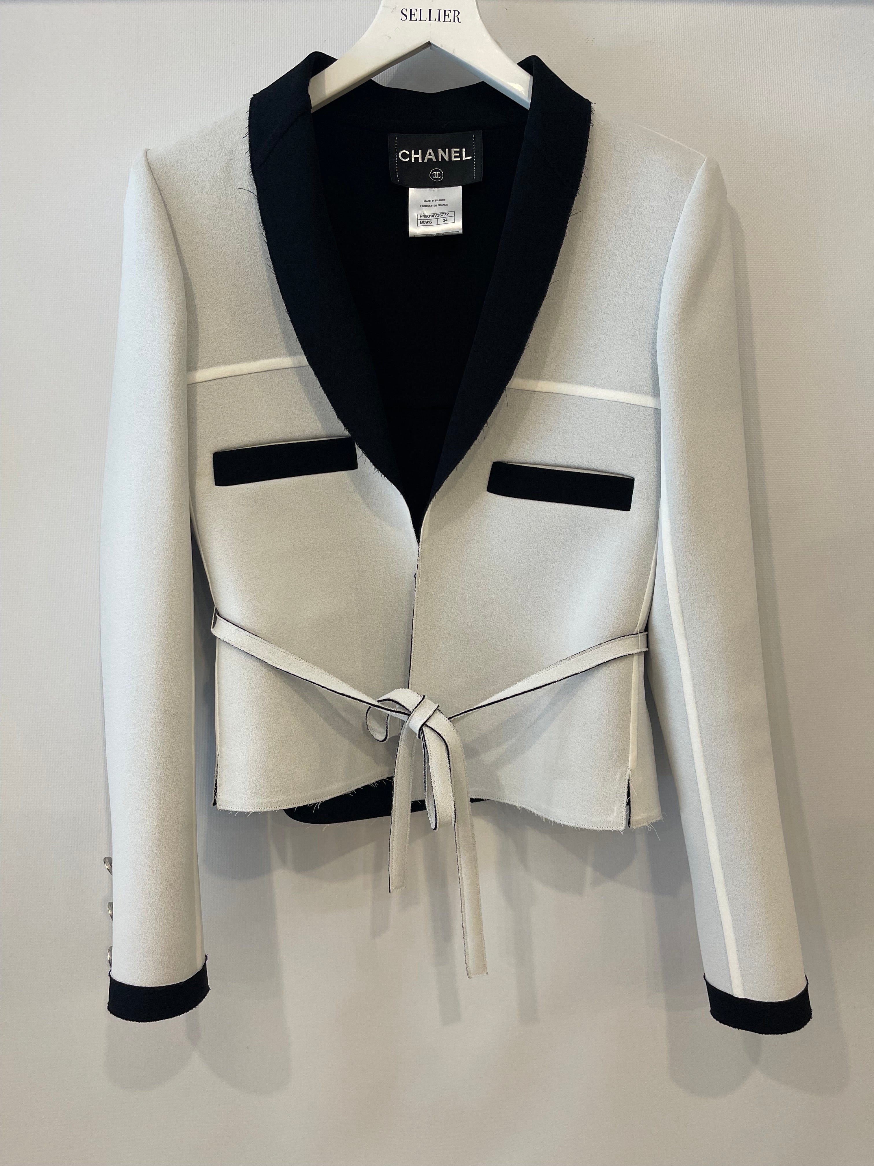 Chanel 14S Pale Grey and Black Trim Jacket with Belt and CC Button Details Size FR 34 (UK 6) RRP £3,250