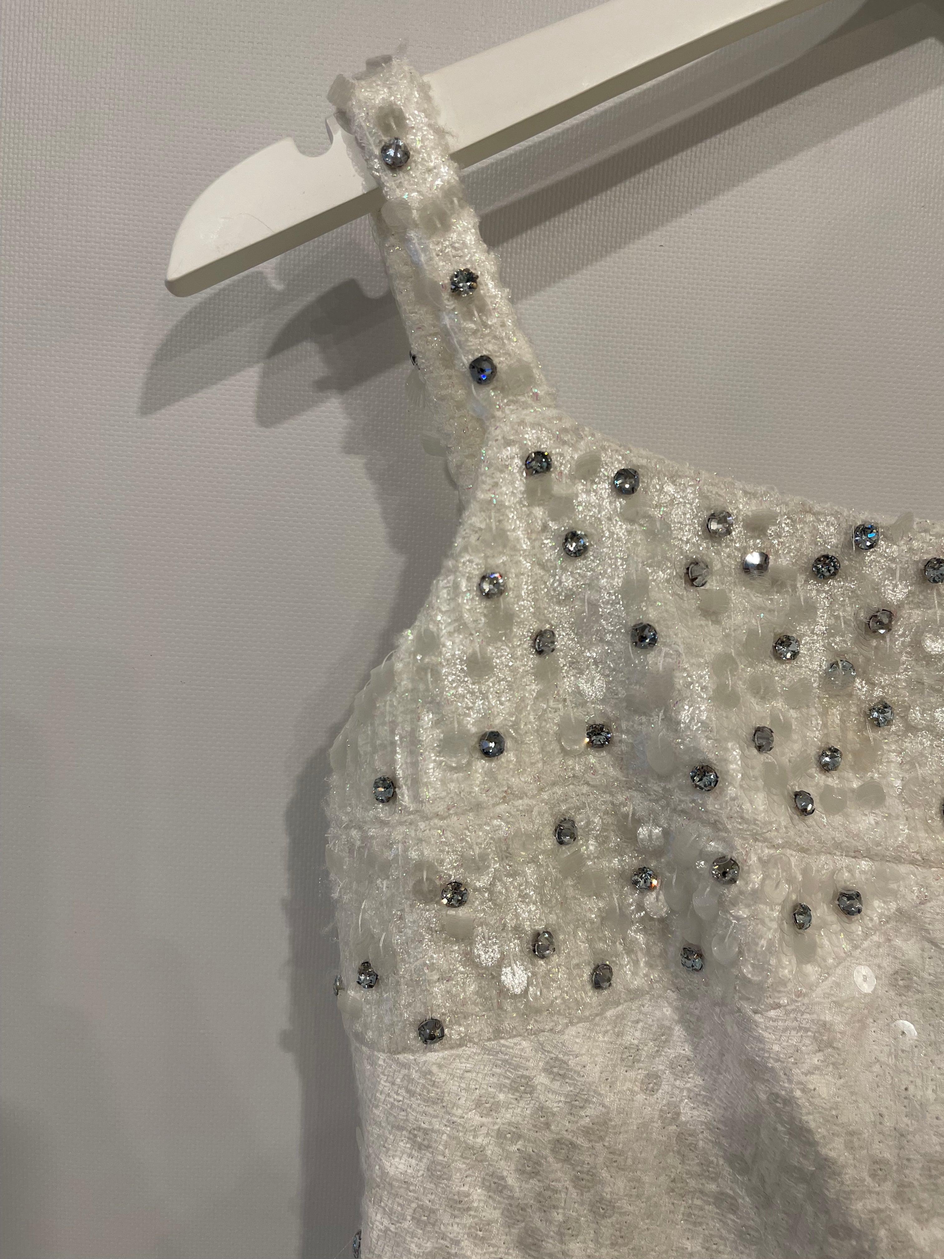 Chanel Pearl White Sleeveless Sequin and Crystal Embellished Mini Dress with Pearl CC Logo Detail Size FR 36 (UK 8)