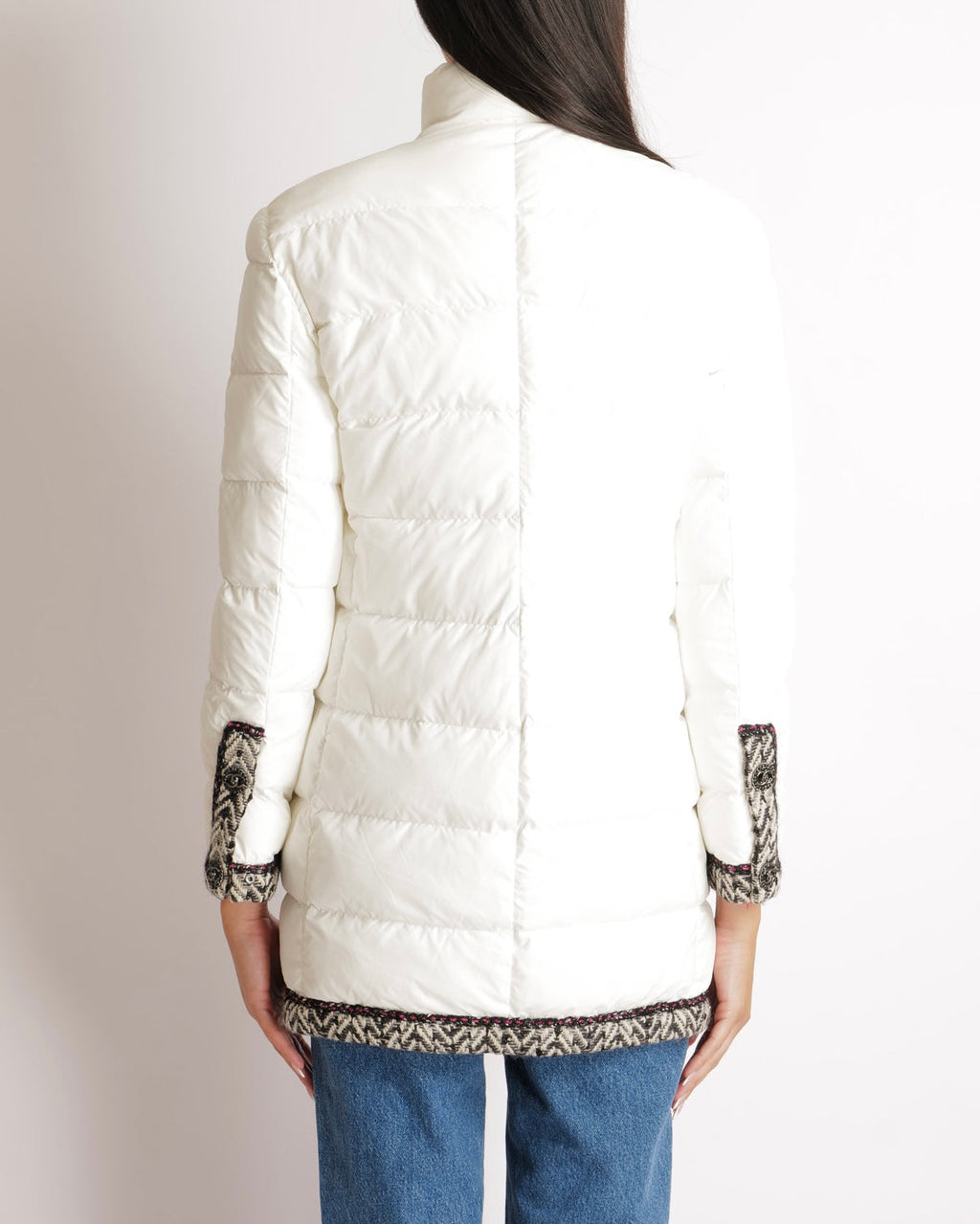 Chanel Fall Winter 2018 White Puffer Coat with Black and White Tweed Trims with Metallic Pink Details and Silver and Black CC Logo Buttons Size FR 38 (UK 10)