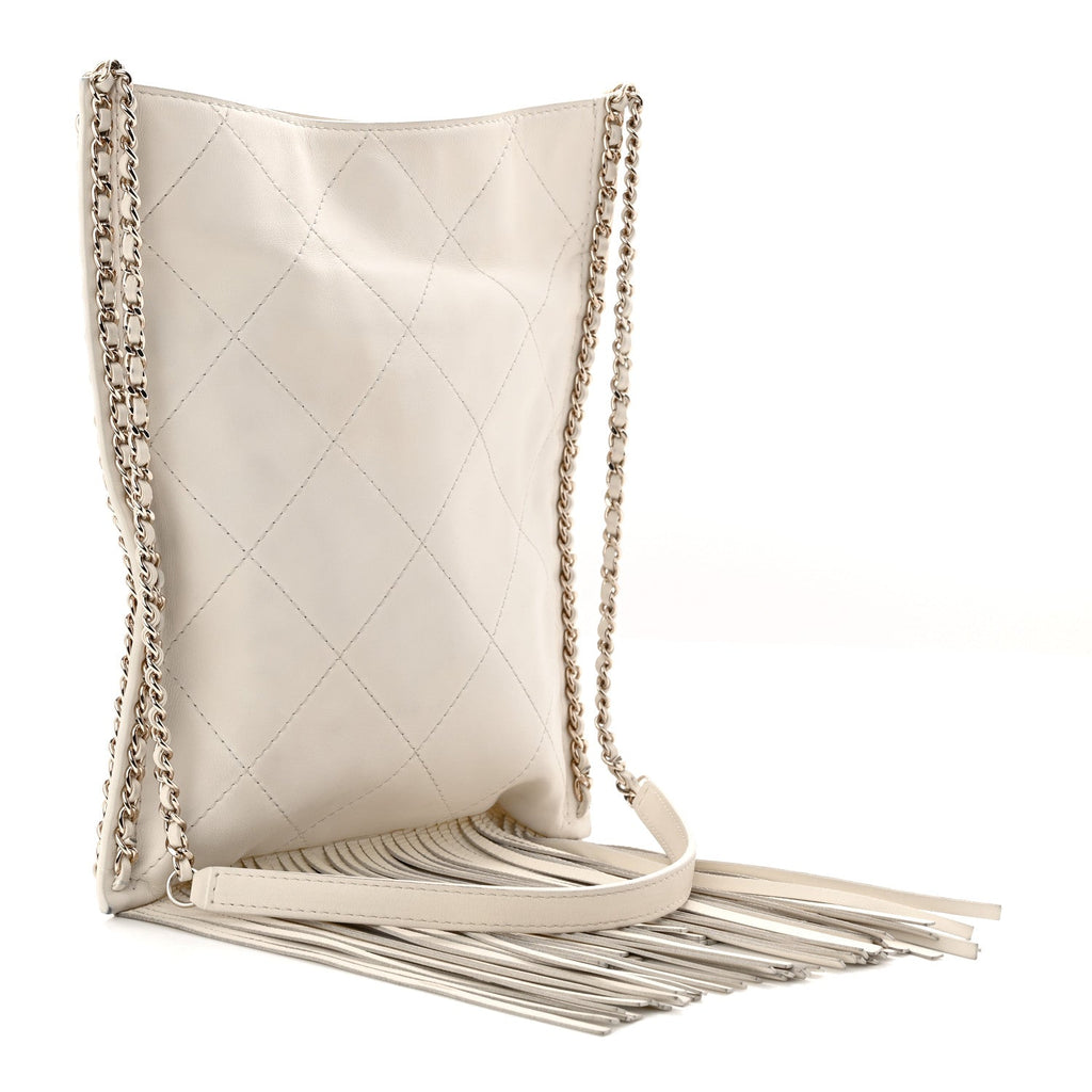 Chanel Calfskin Quilted Fringe Small Shopping Bag White