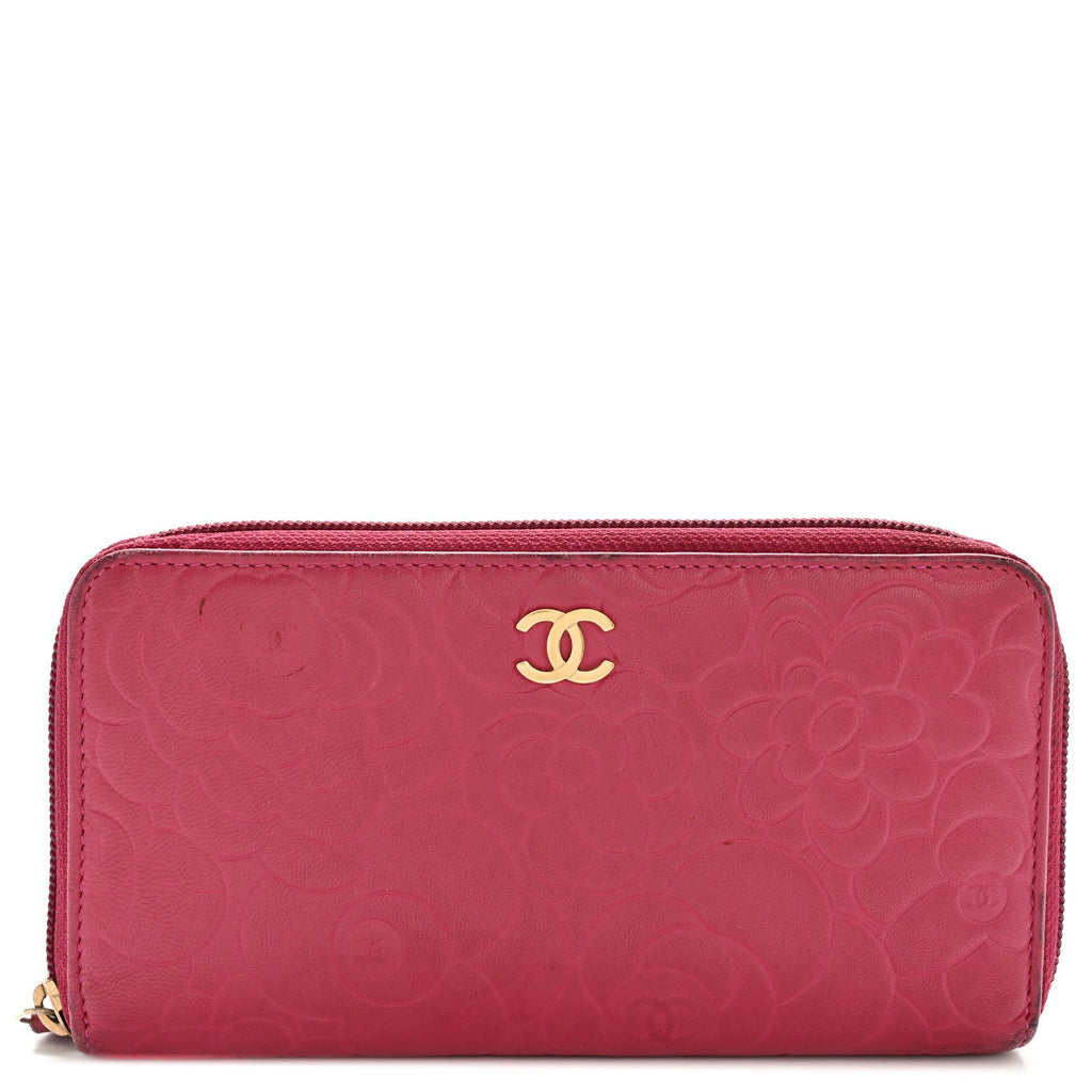 Chanel Lambskin Camellia Embossed Large Gusset Zip Around Wallet Fuchsia