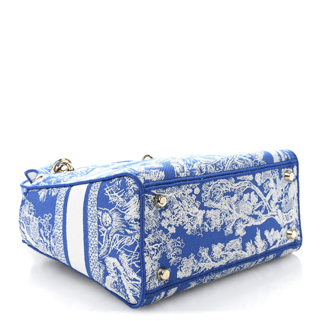 Christian Dior Canvas Toile De Jouy Reverse Embroidered Medium Lady D-Lite Fluorescent Blue