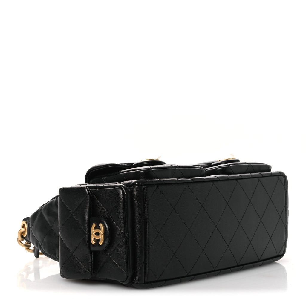Chanel Shiny Lambskin Quilted Trendy Pockets Hobo Black