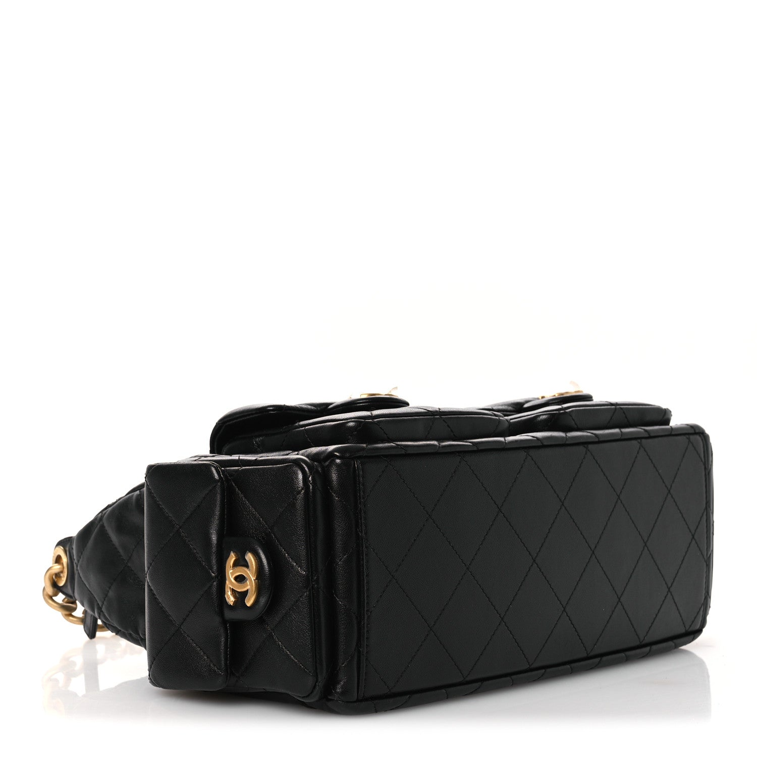 Chanel Shiny Lambskin Quilted Trendy Pockets Hobo Black