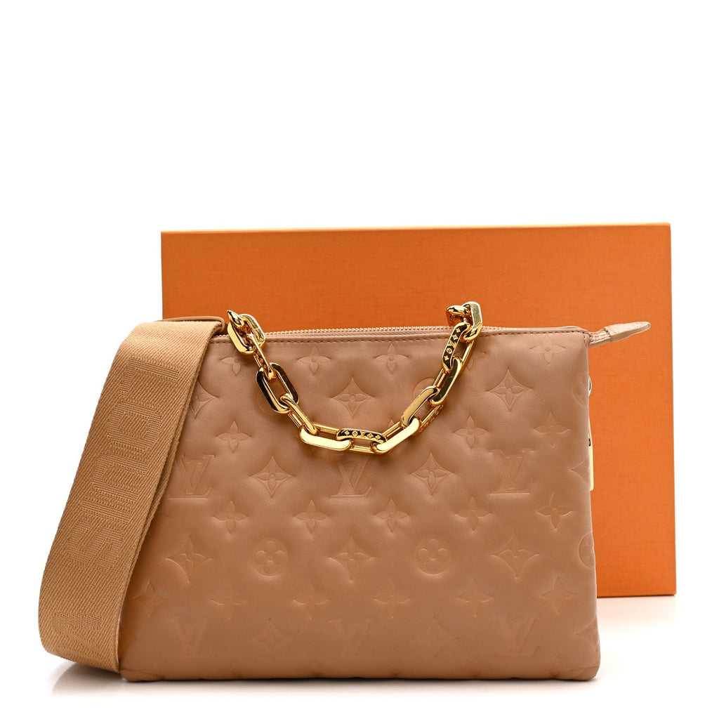 Louis Vuitton Lambskin Embossed Monogram Coussin PM Camel