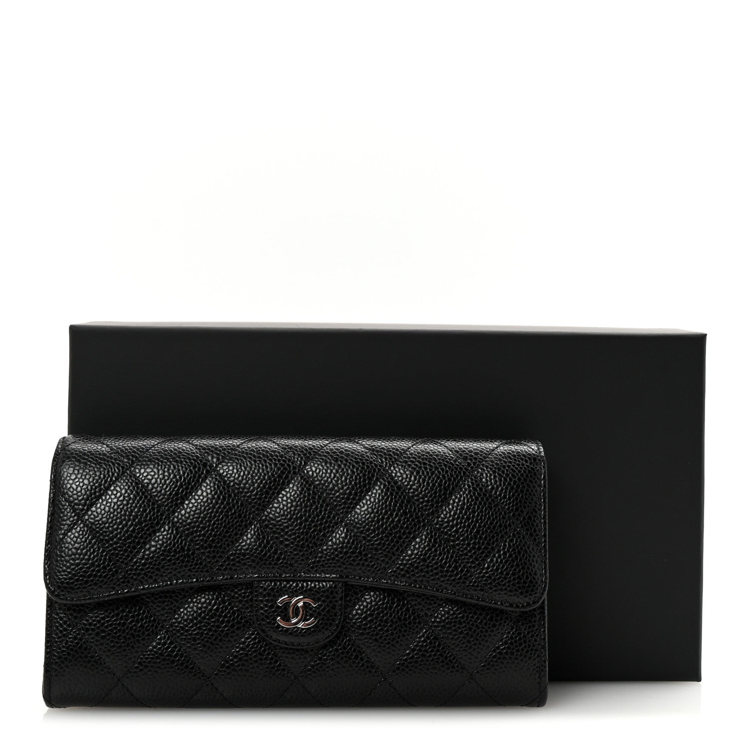 Caviar Quilted Large Gusset Flap Wallet Black