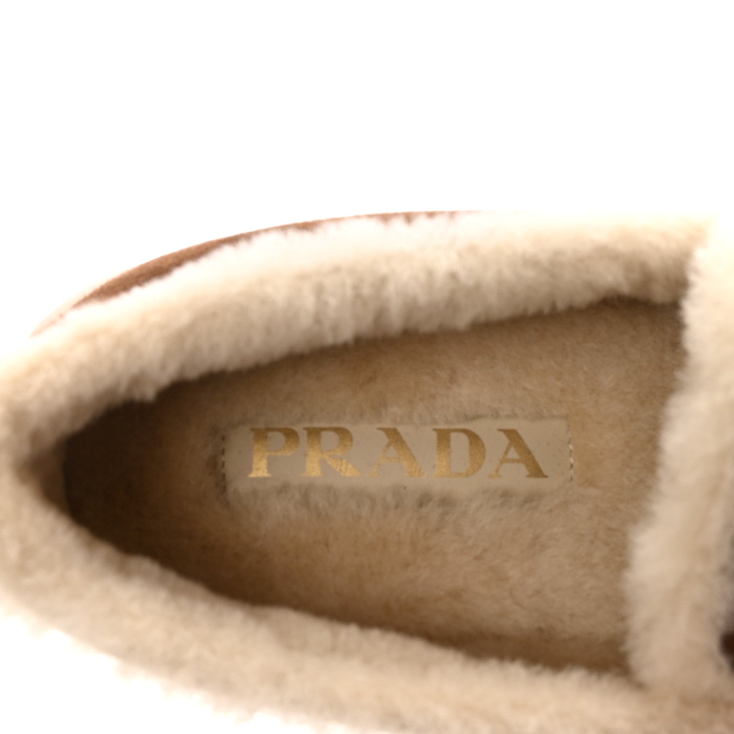 Prada Suede Shearling Triangle Logo Loafer 38.5 Cocoa Brown