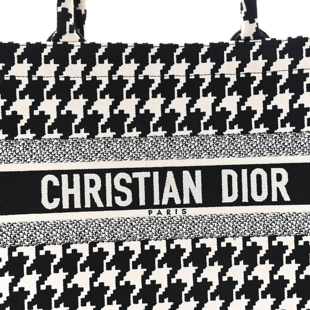 Christian Dior Canvas Macro Houndstooth Embroidered Medium Book Tote Black White