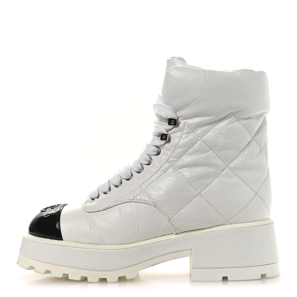 Crumpled Patent Lambskin Calfskin Quilted Lace Up Combat Boots 37 White Black