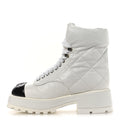 Crumpled Patent Lambskin Calfskin Quilted Lace Up Combat Boots 37 White Black