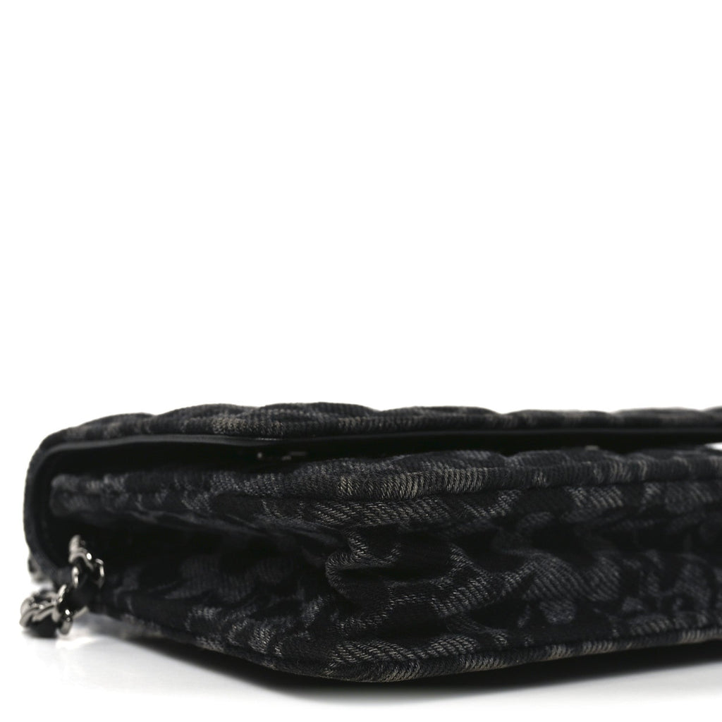 Chanel Printed Denim Quilted Flower Wallet On Chain WOC Black