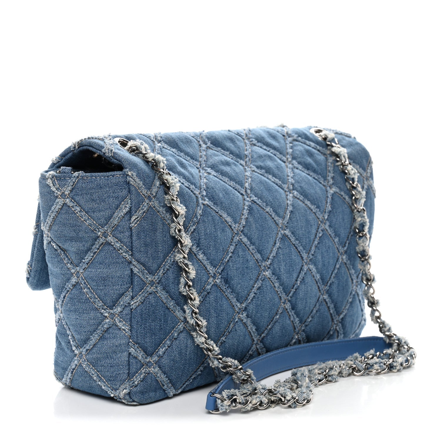 Chanel Frayed Denim Quilted Large Blue Chip Flap Blue