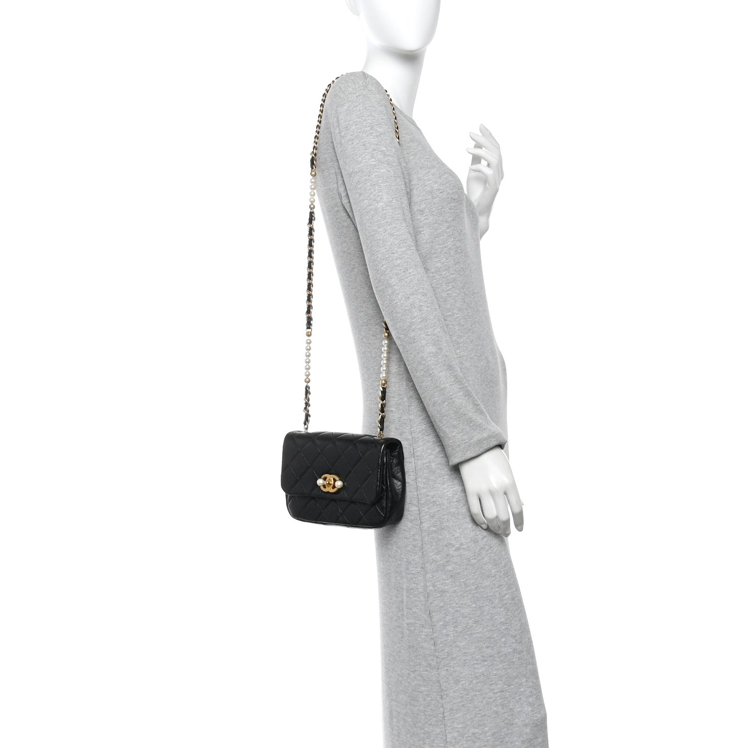 Chanel Glazed Calfskin Quilted Mini Pearl Side Flap Black