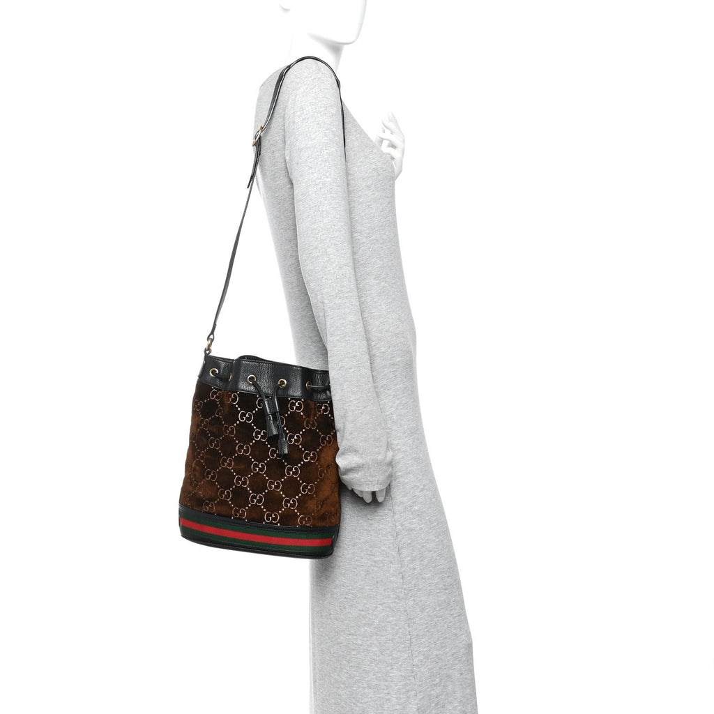 Gucci Velvet GG Monogram Textured Calfskin Web Bucket Bag Brown Black