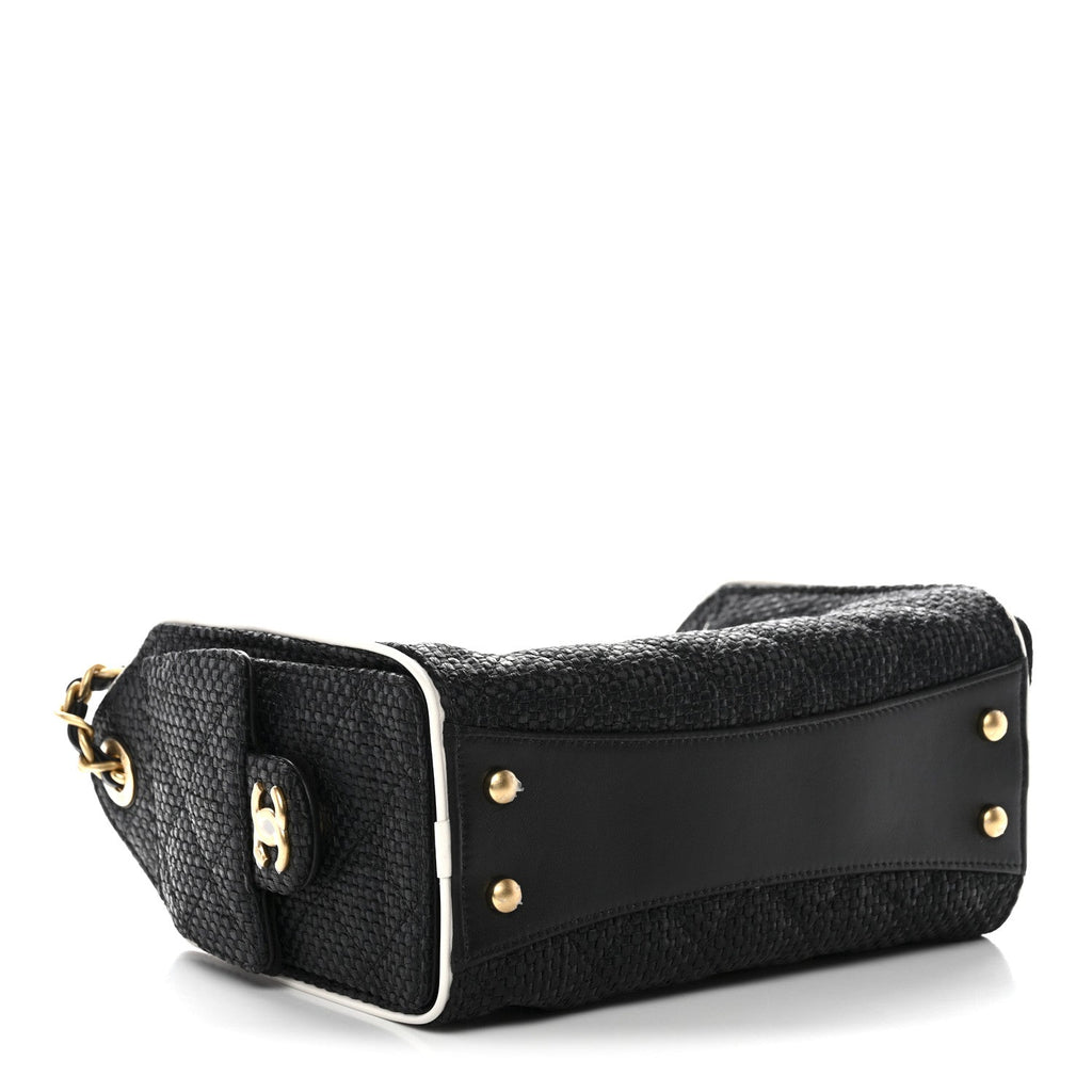 Chanel Braided Raffia Calfskin Quilted Mini Chanel 25 Handbag Black White