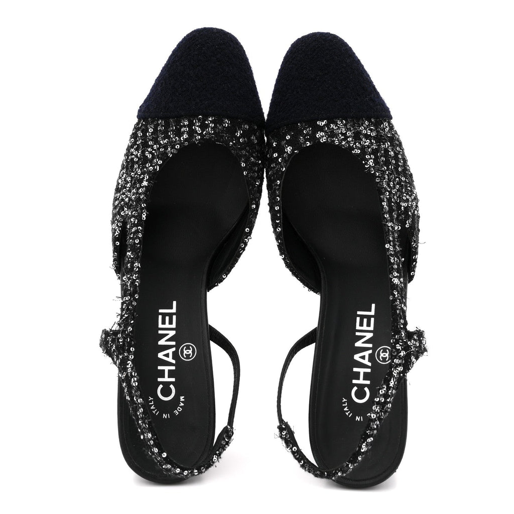 Chanel Tweed Sequin Cap Toe CC Slingback Pumps 38 Black White Silver