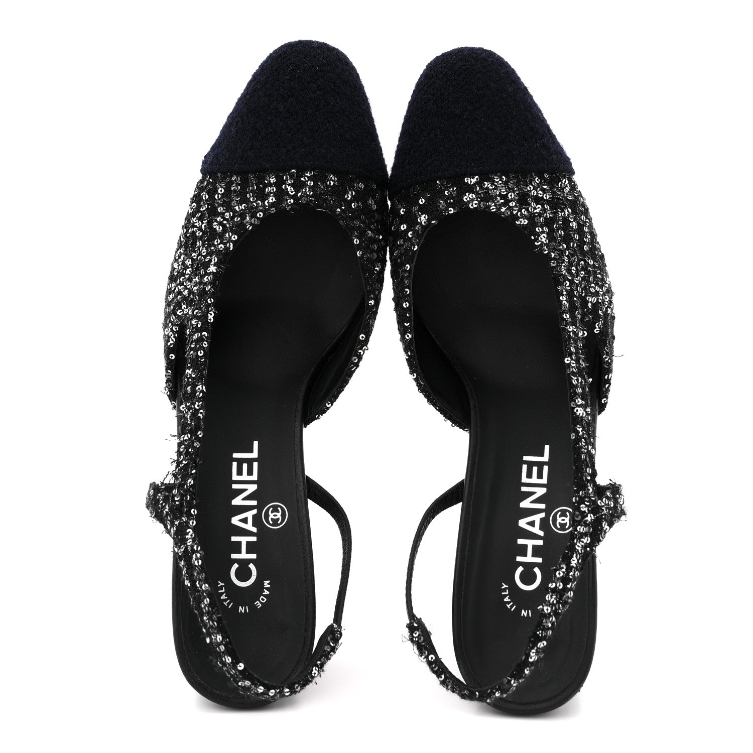 Chanel Tweed Sequin Cap Toe CC Slingback Pumps 38 Black White Silver