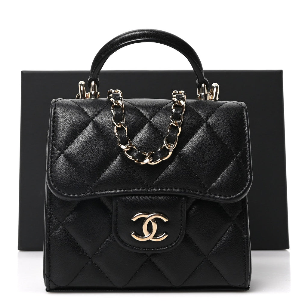 Chanel Lambskin Quilted Top Handle Flap Clutch With Chain Black
