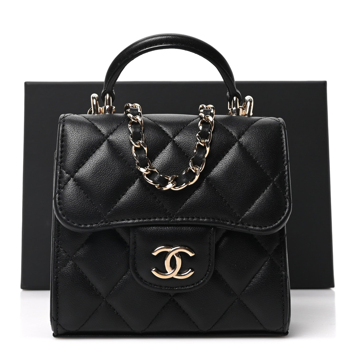 Chanel Lambskin Quilted Top Handle Flap Clutch With Chain Black